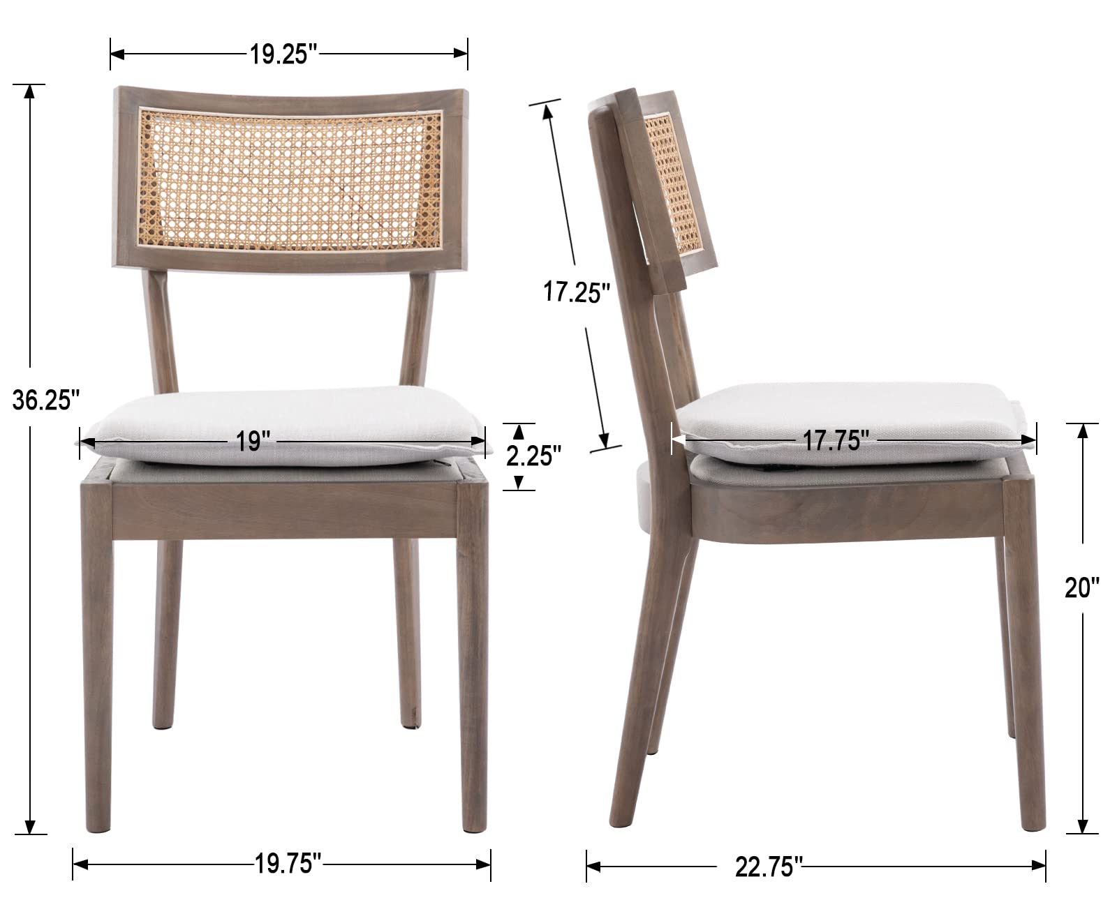 Farmhouse Dining Chairs Set of 2 - Rattan Cane Back Upholstered Kitchen Chairs