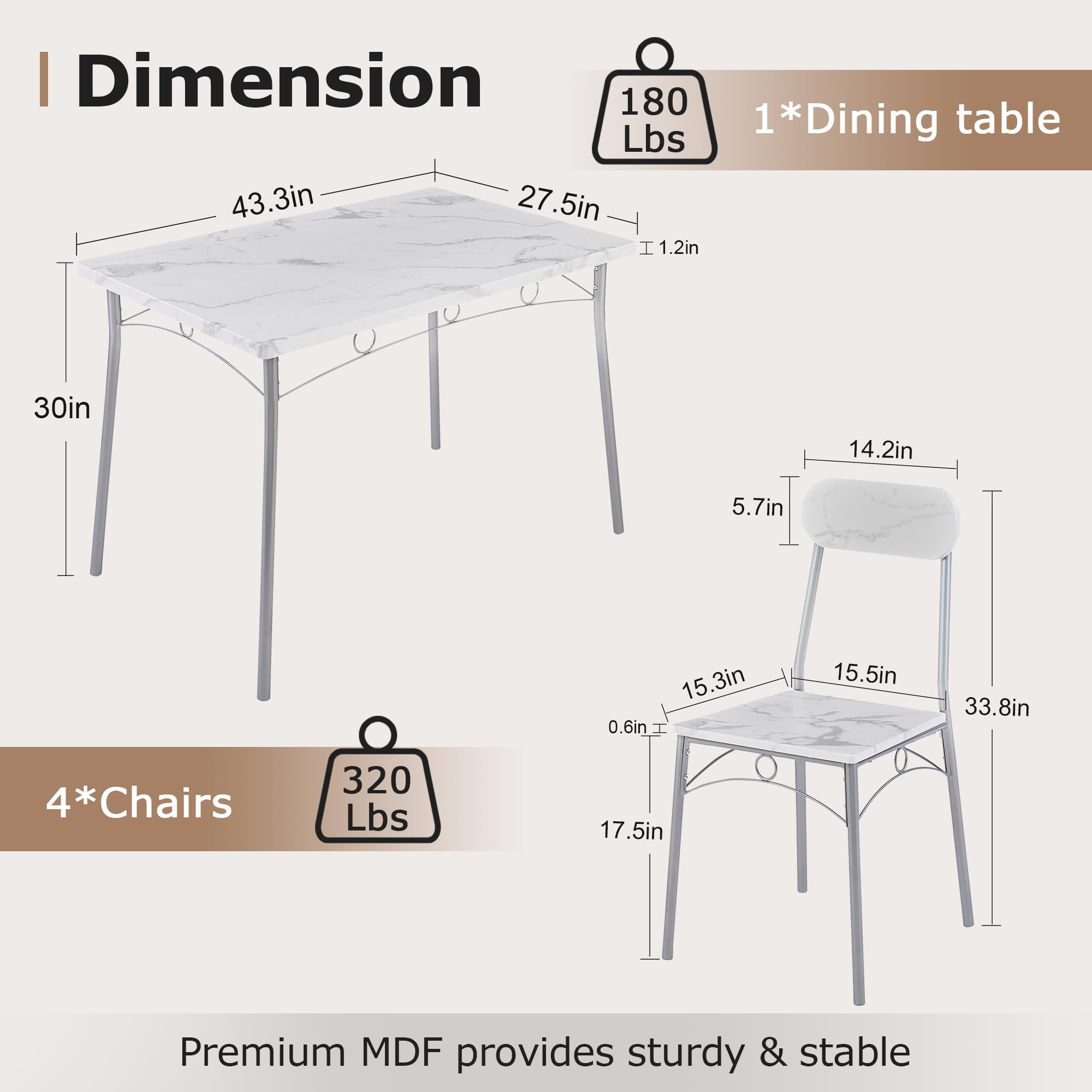 5-Piece Dining Table Set for 4 with Wooden Chairs