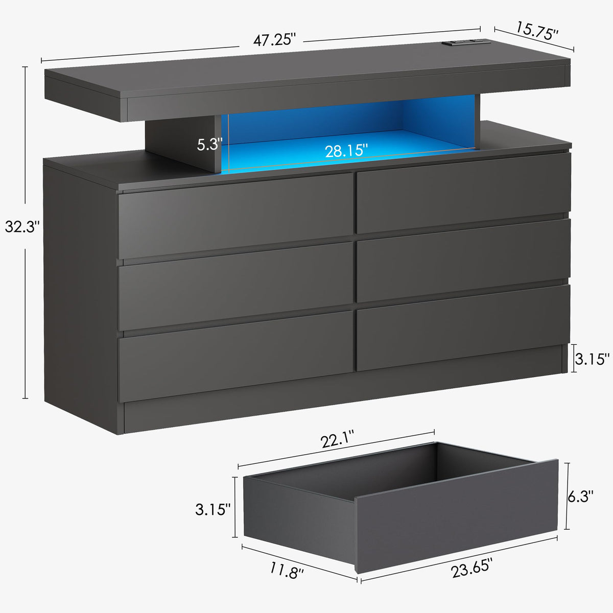 6 Drawer Dresser with Charging Station and LED Lights