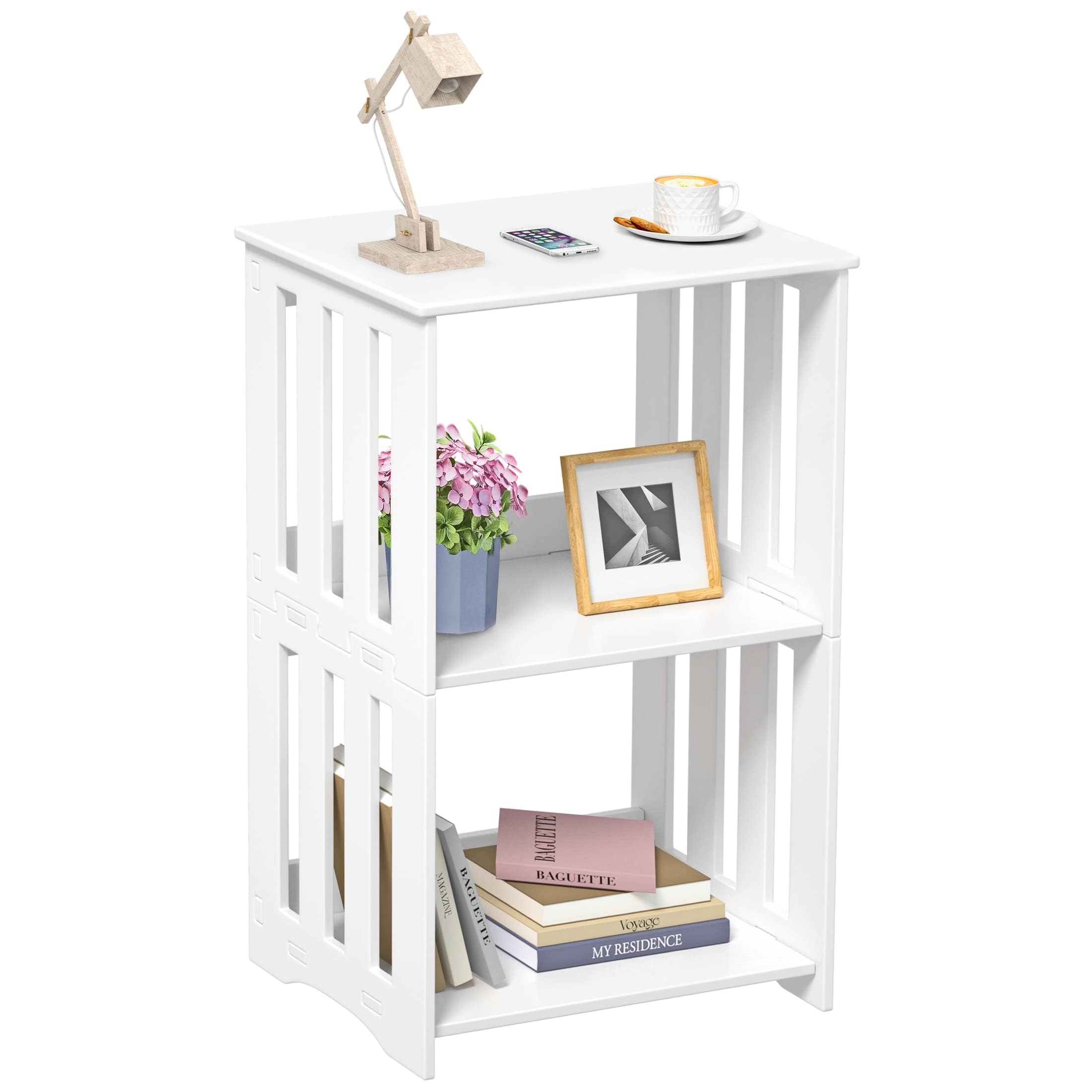 3-Tier White End Table with Storage