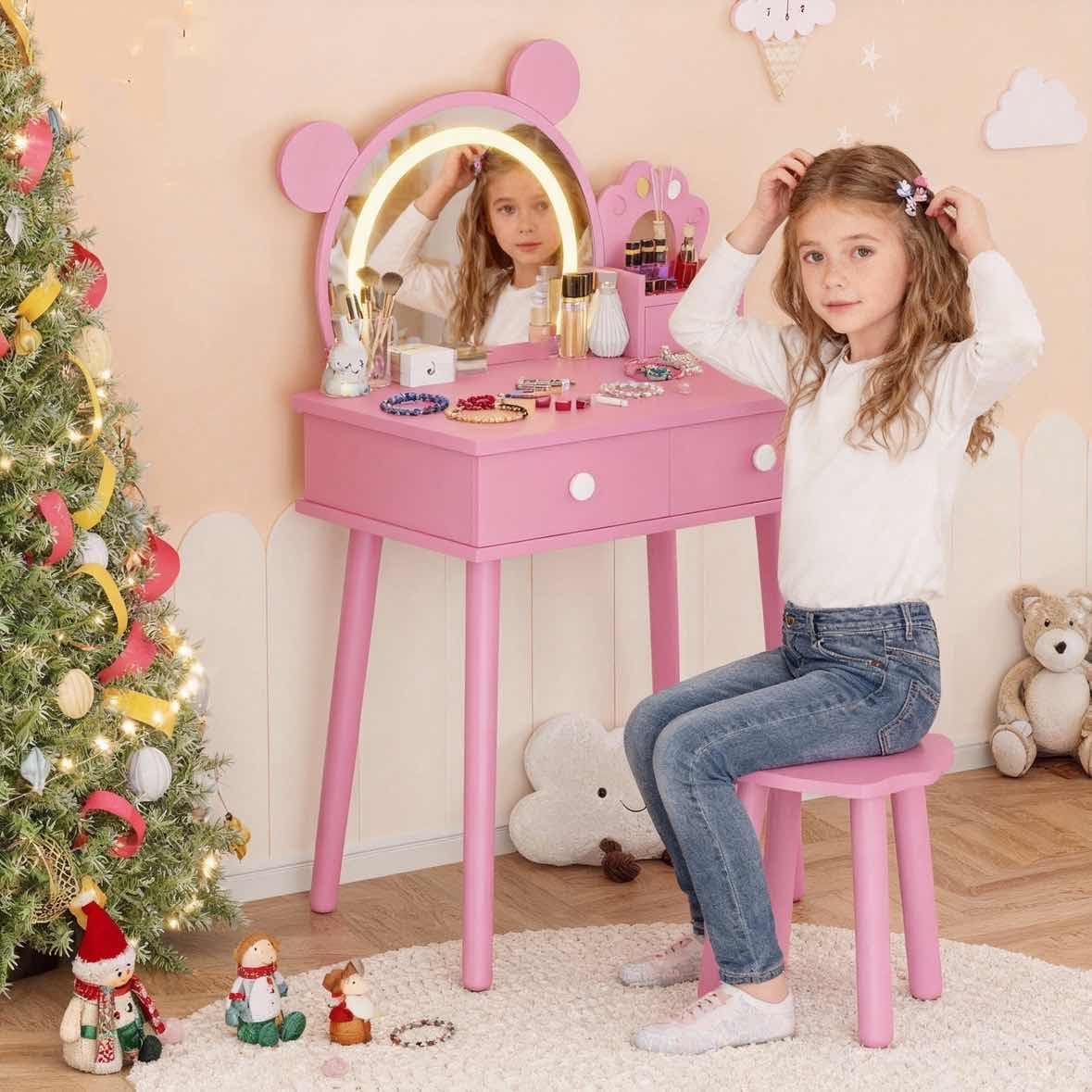 Bear-Shaped Toddler Vanity Set with LED Mirror