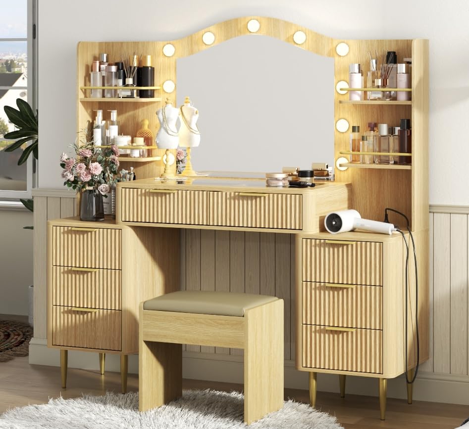 55" Fluted Vanity Desk with Mirror and Lights