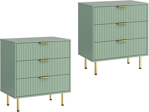 Sage Green Fluted Nightstand Set of 2 with 3 Drawers