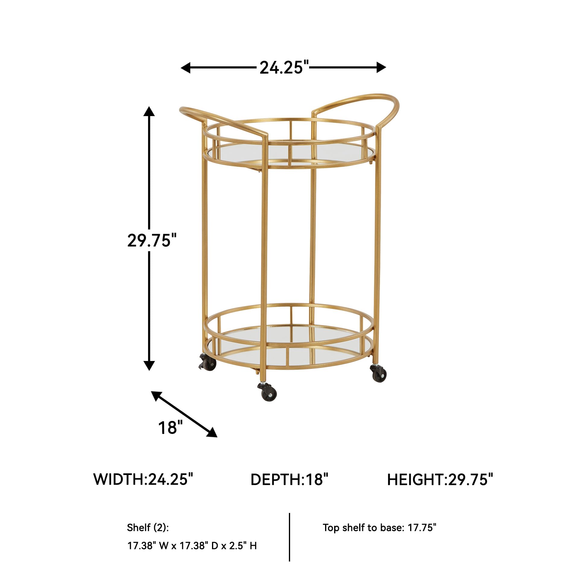 Round Modern Bar Serving Cart with 2 Mirrored Shelves