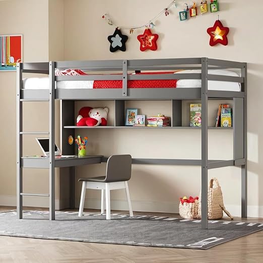 Twin Size Loft Bed with Shelves and Desk