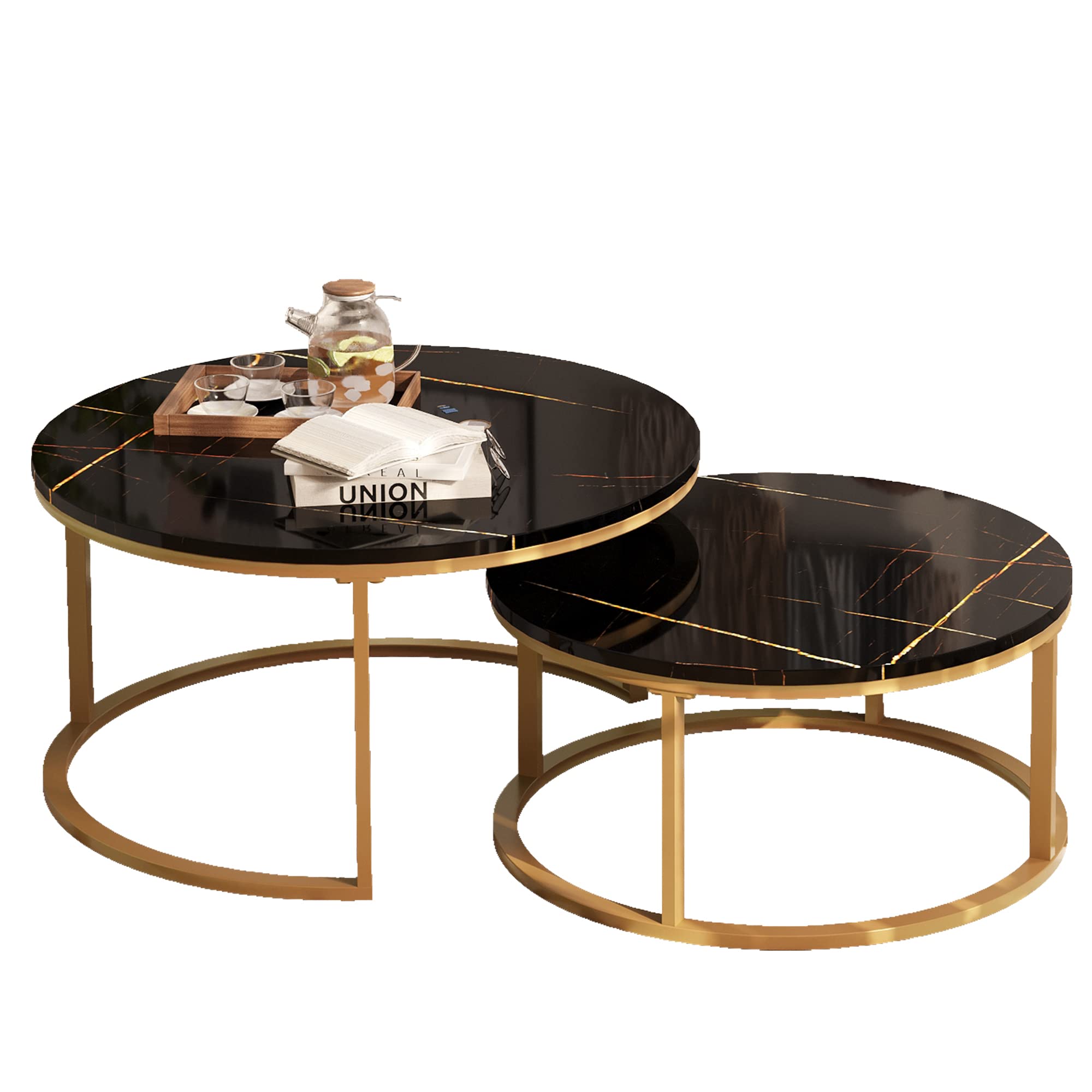 Round Nesting Coffee Table Set of 2 - Modern Gold Frame with Faux Marble Top