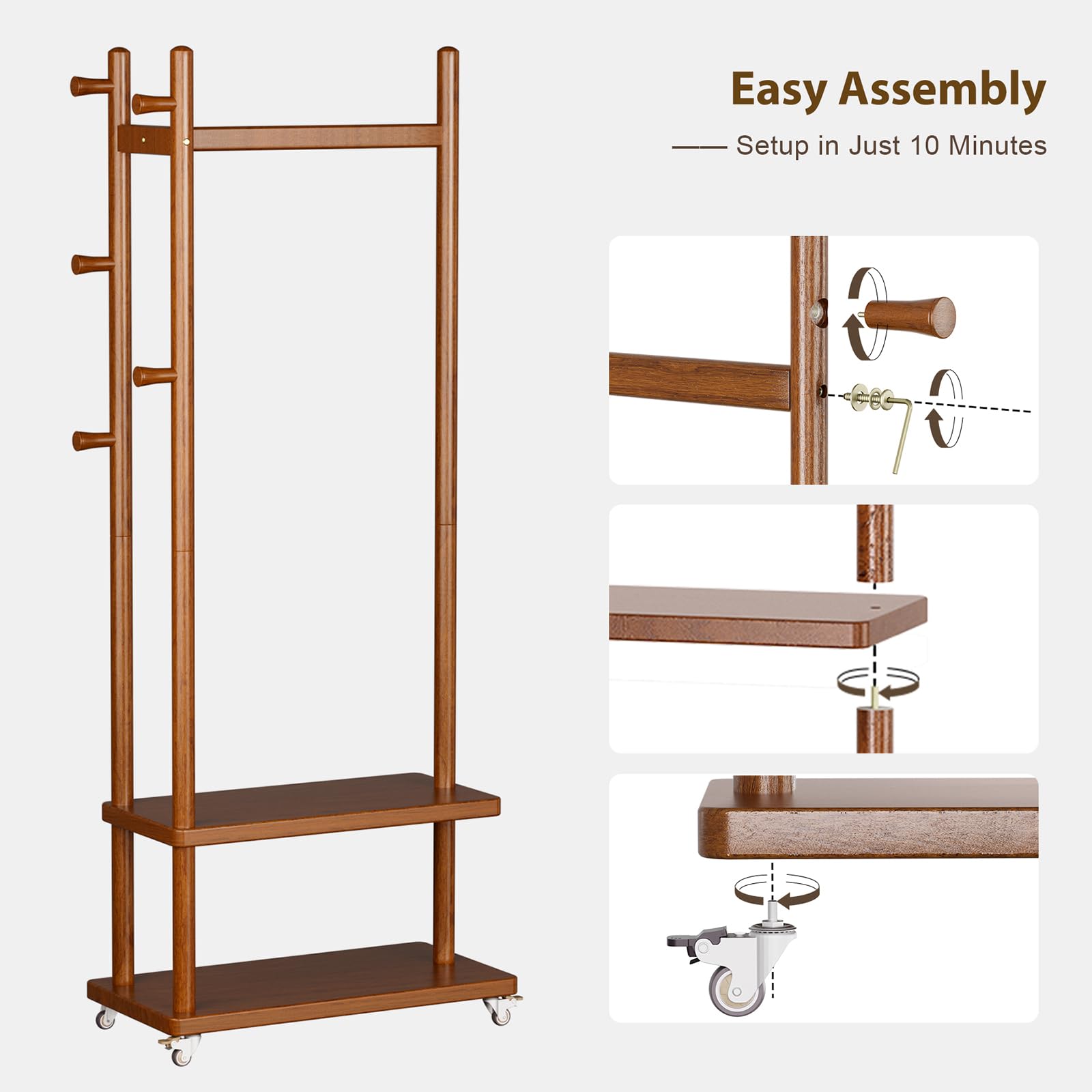 Freestanding Coat Rack with Wheels and Storage Shelves