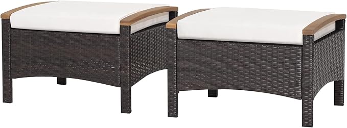 Outdoor Wicker Ottomans - 2 Piece PE Rattan Footrest Set with Cushions