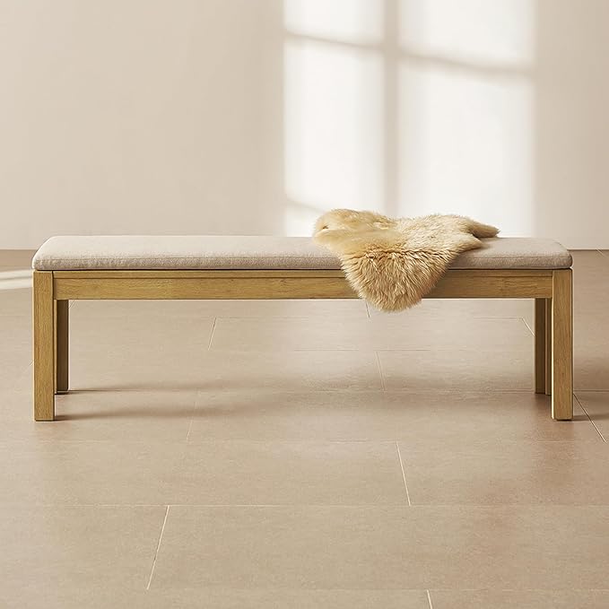 Logan Upholstered Beige Dining Bench - Modern Farmhouse Solid Wood
