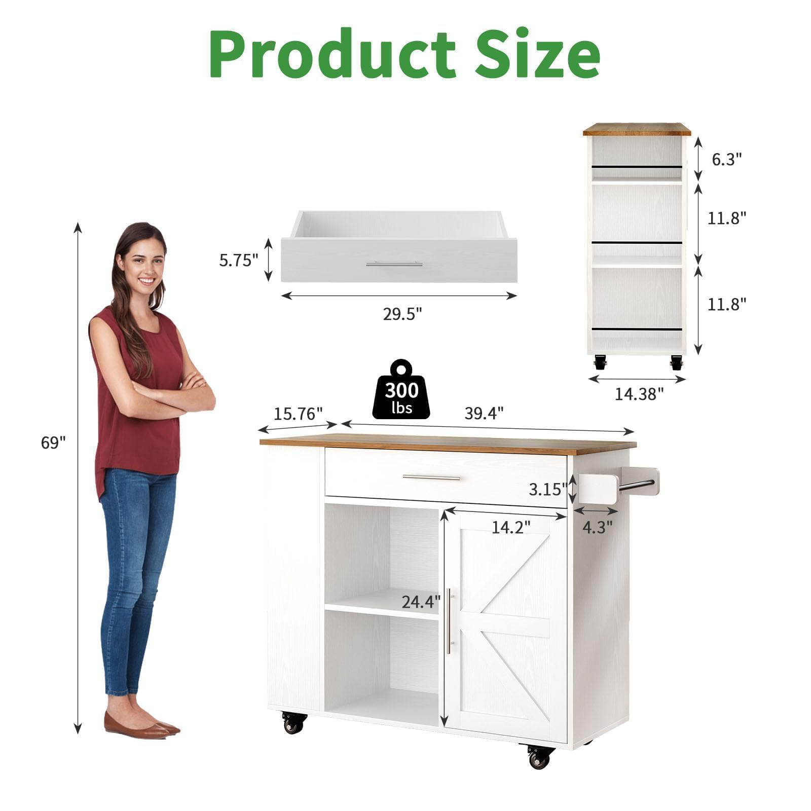 Kitchen Island on Wheels with Storage and Barn Door Cabinet