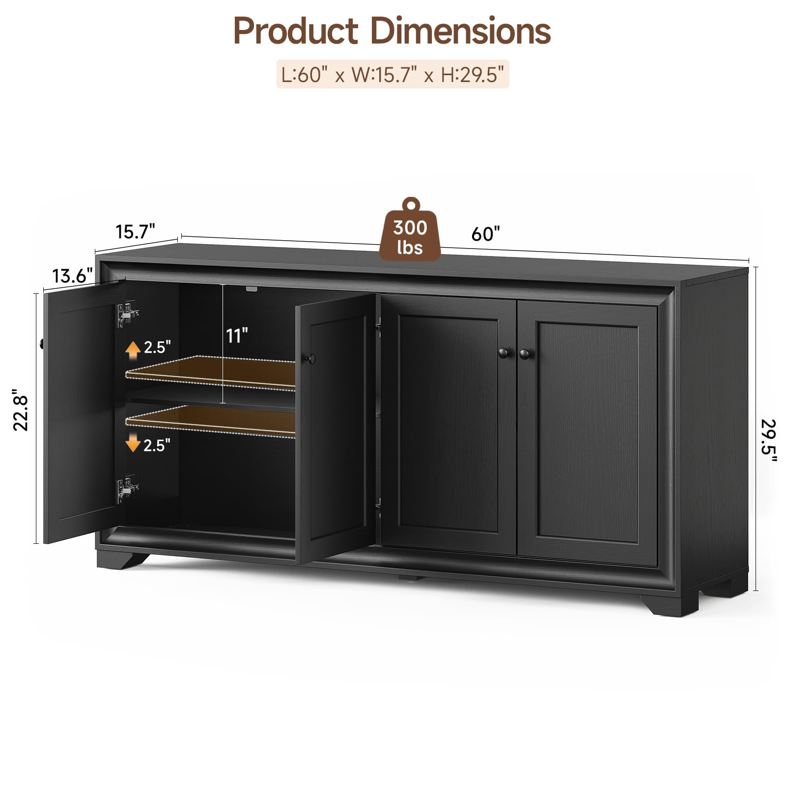 60" Buffet Cabinet with Storage and Adjustable Shelves