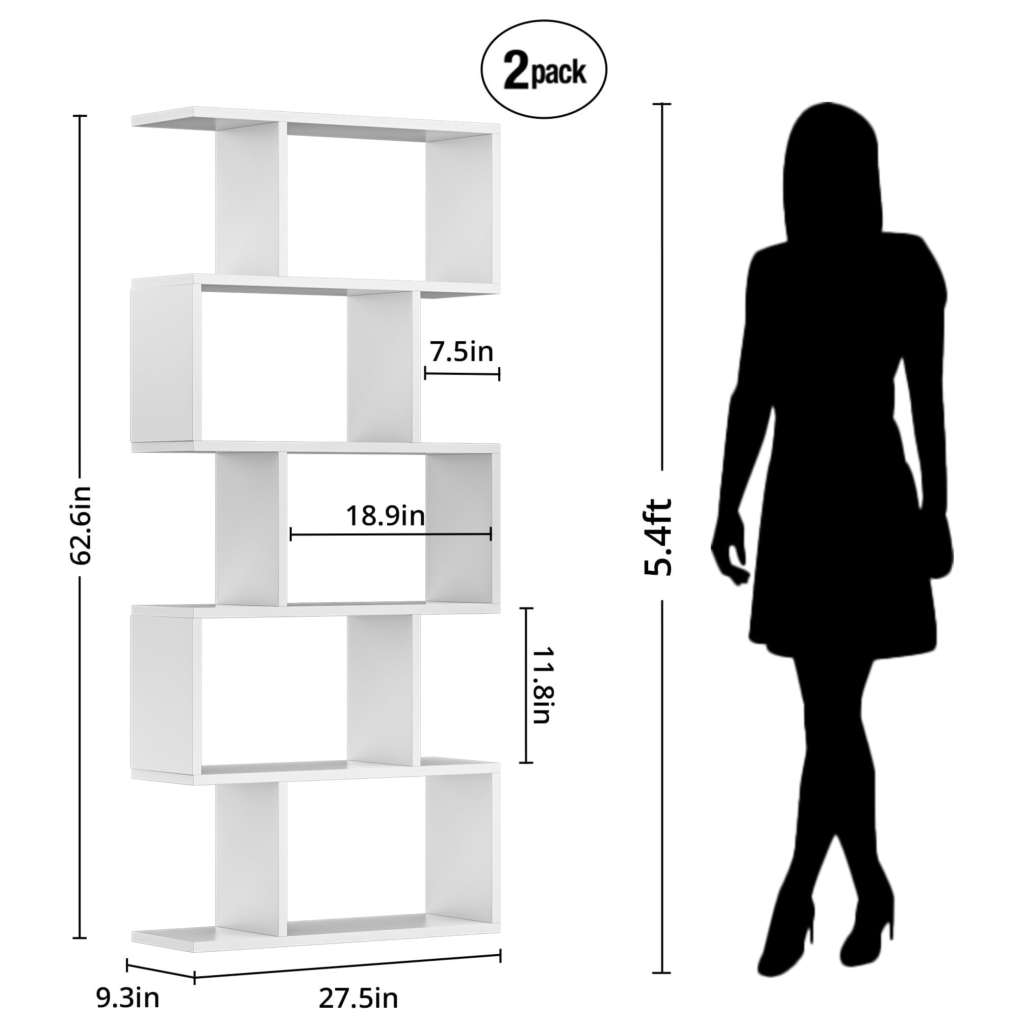 5-Tier S-Shaped Bookcase Set of 2 White