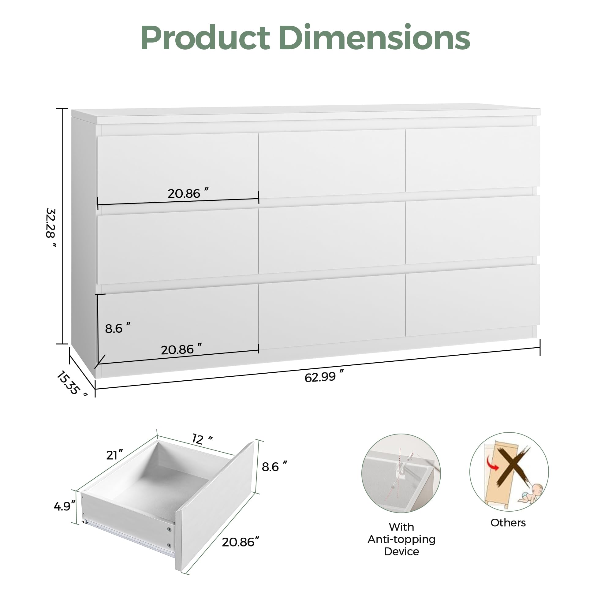 Modern White 9 Drawer Dresser for Bedroom