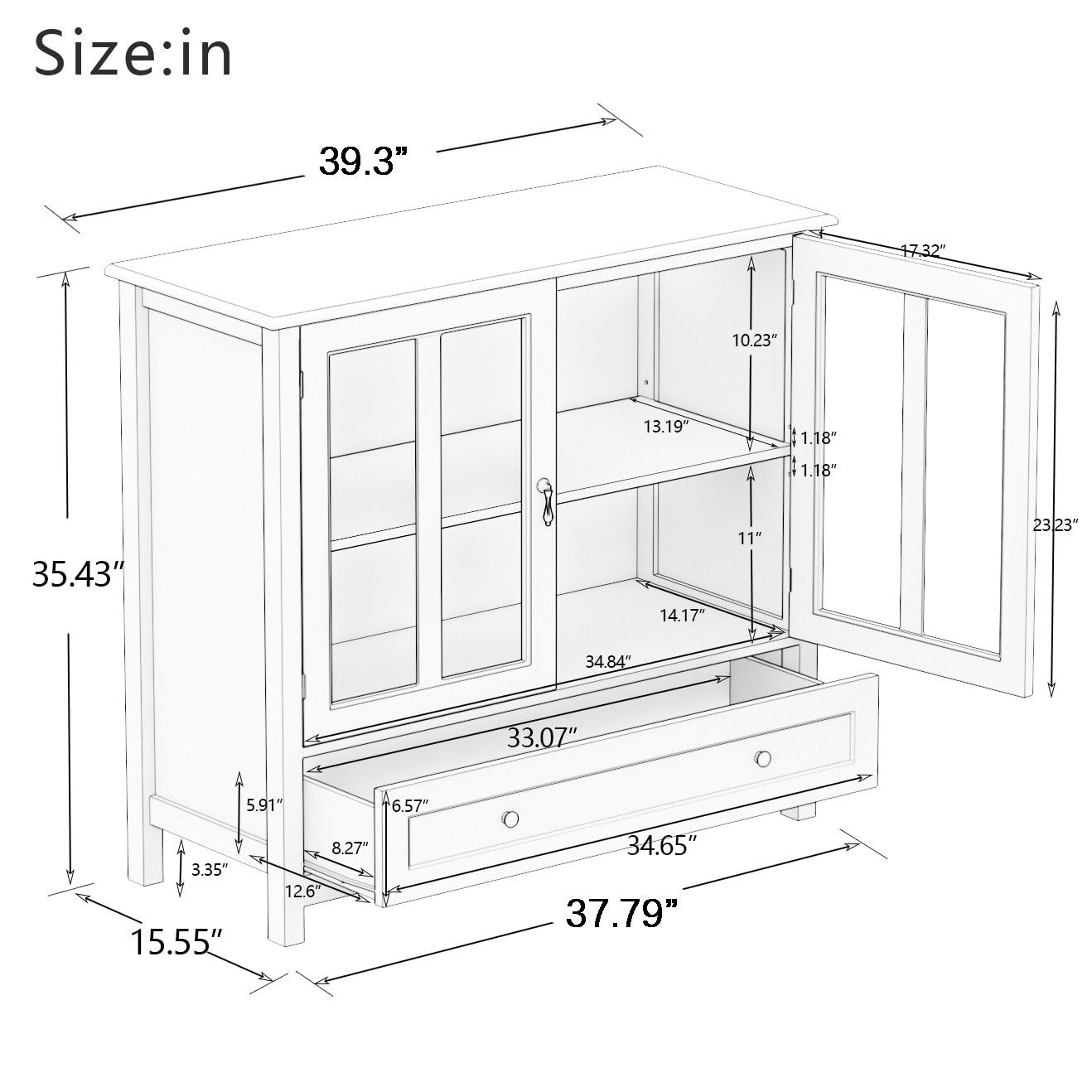Wooden Storage Cabinet with Glass Doors and Drawer