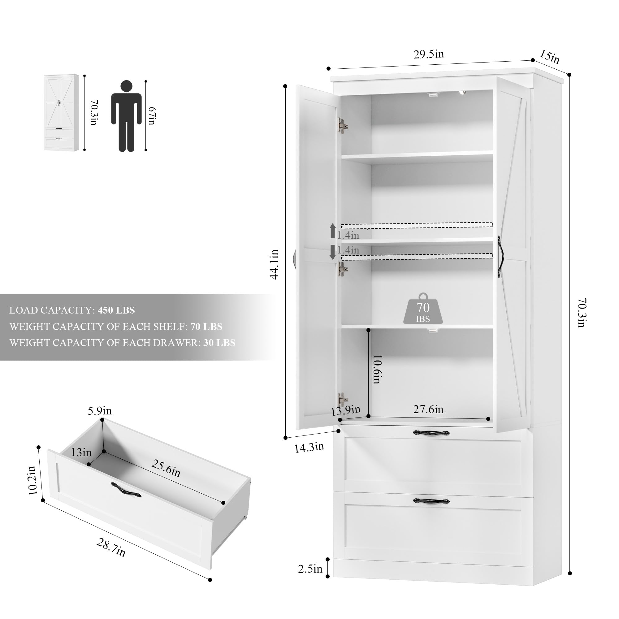 70" Tall Kitchen Pantry Storage Cabinet with Barn Doors