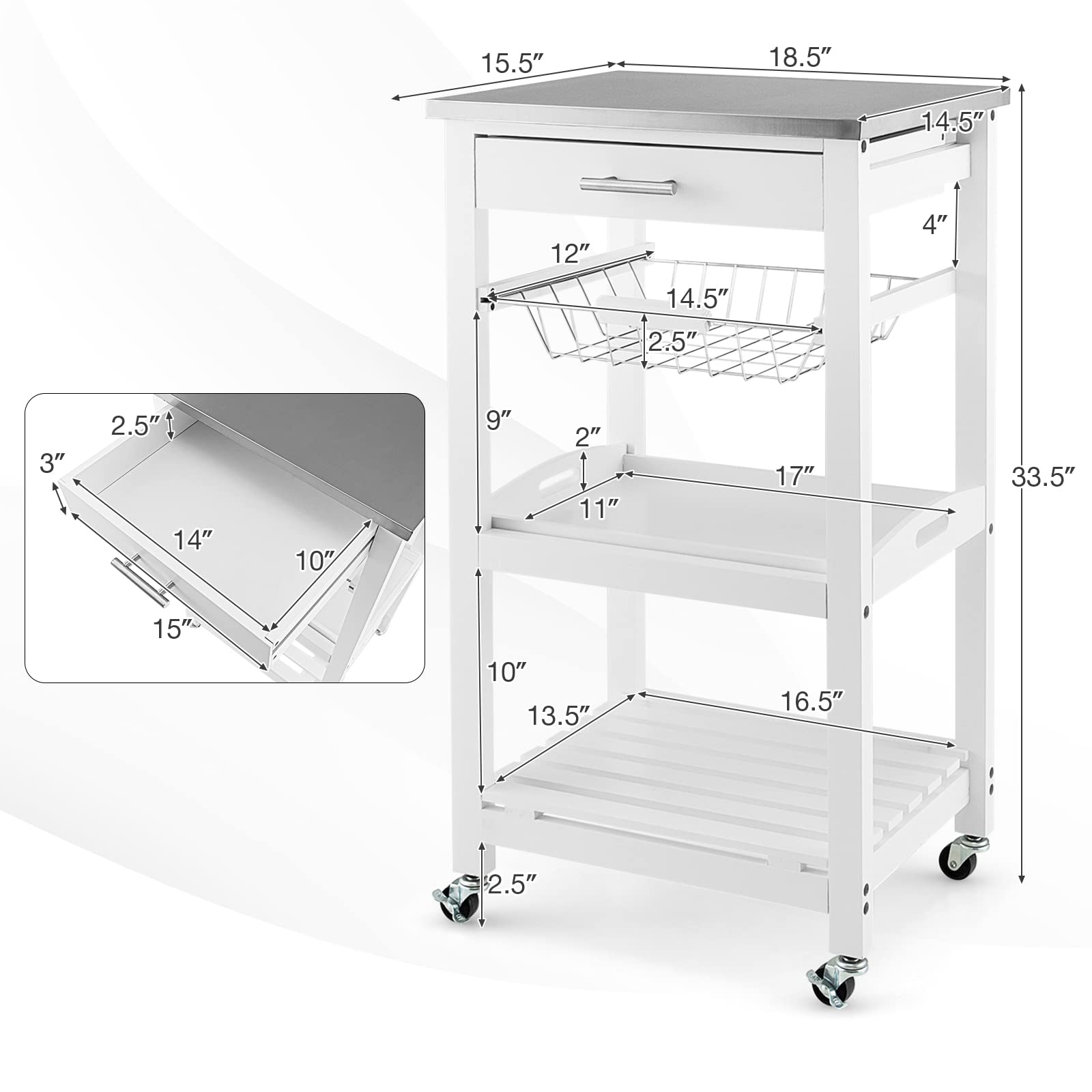 Kitchen Rolling Cart with Stainless Steel Top