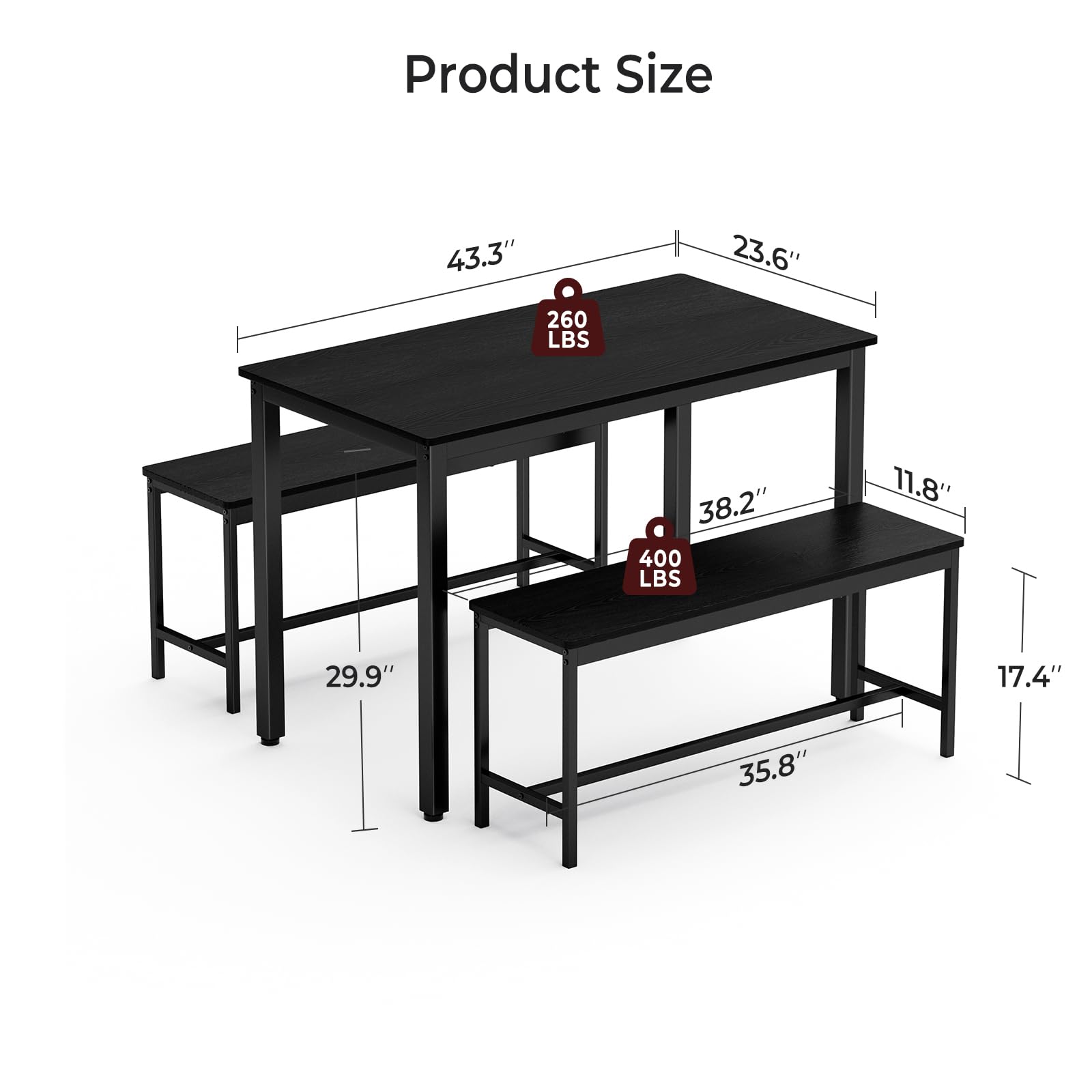 3-Piece Dining Table Set with 2 Benches