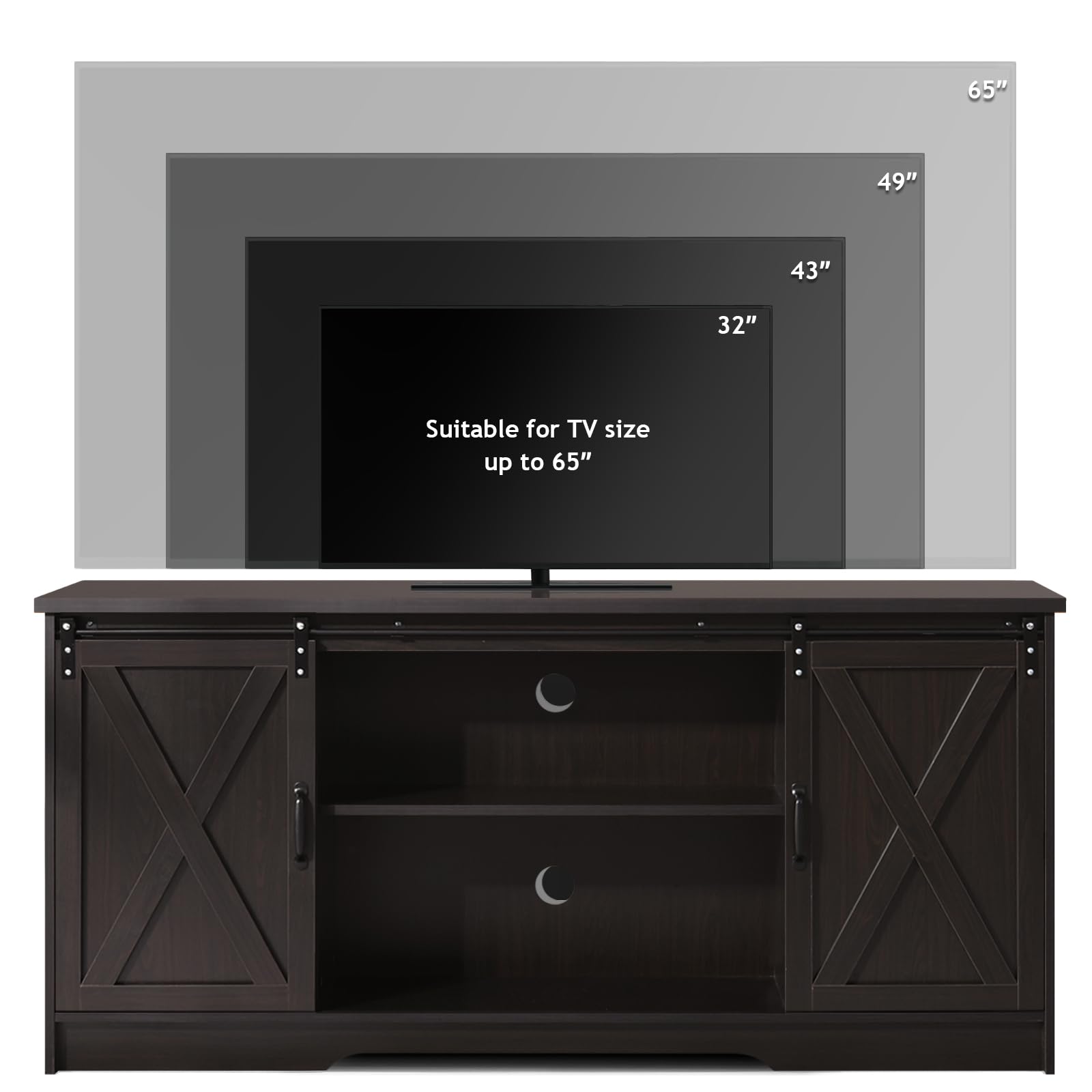 65 Inch TV Stand with Sliding Barn Doors and Storage Cabinets