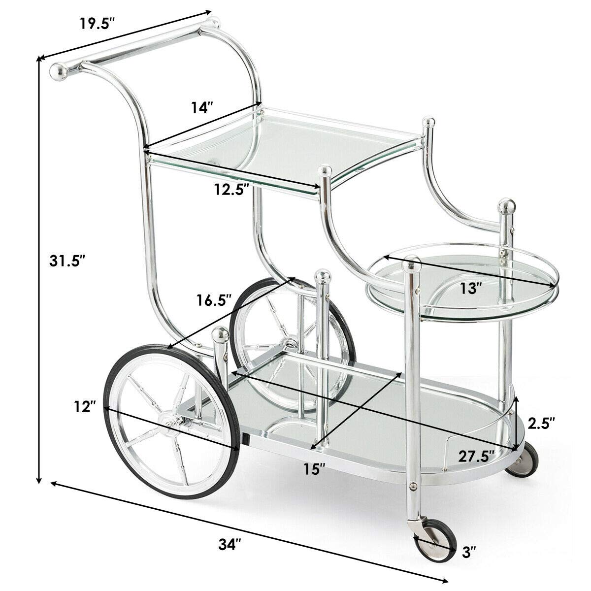 3-Tier Rolling Serving Cart with Tempered Glass
