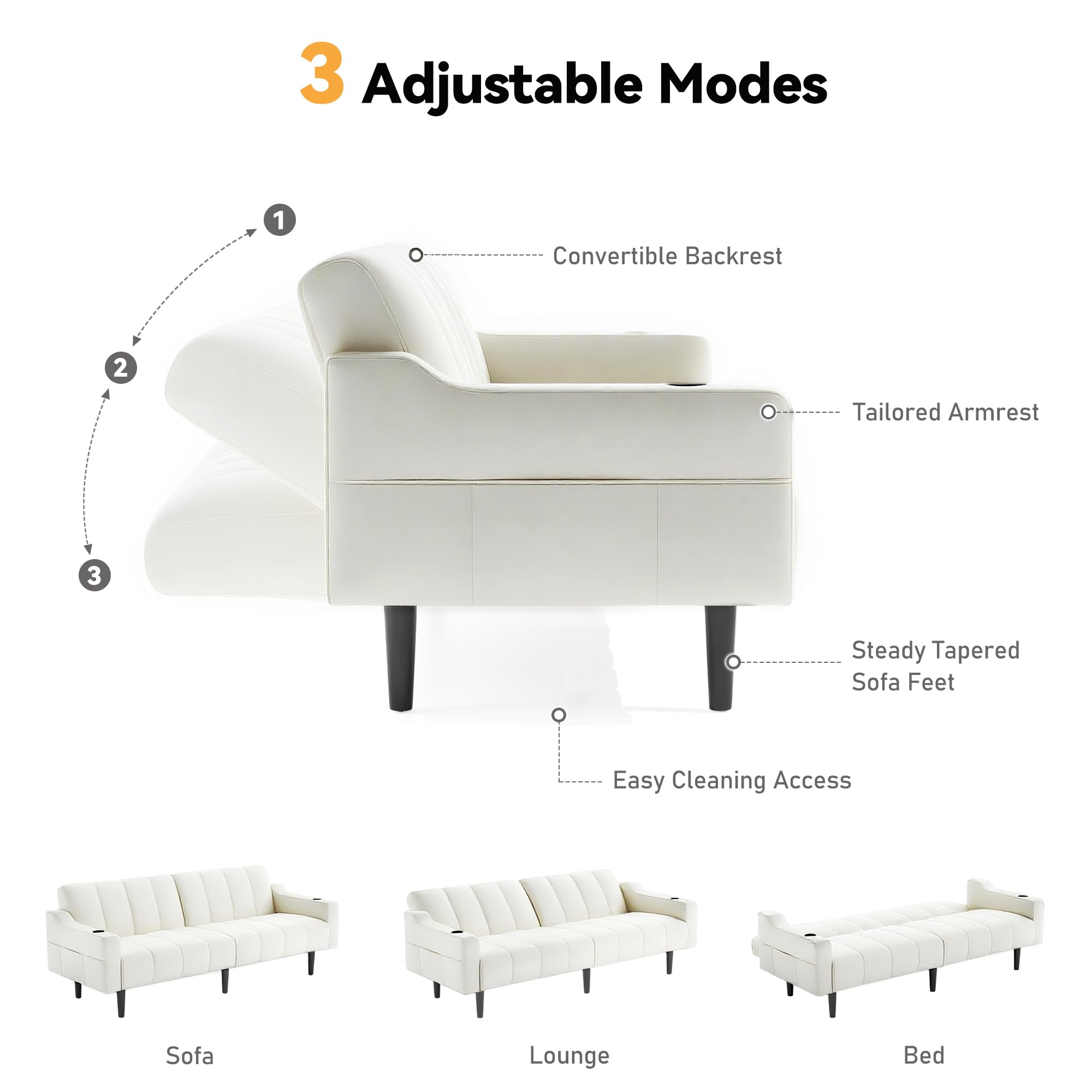 80 Inch Faux Leather Futon Sofa Bed with Adjustable Backrest