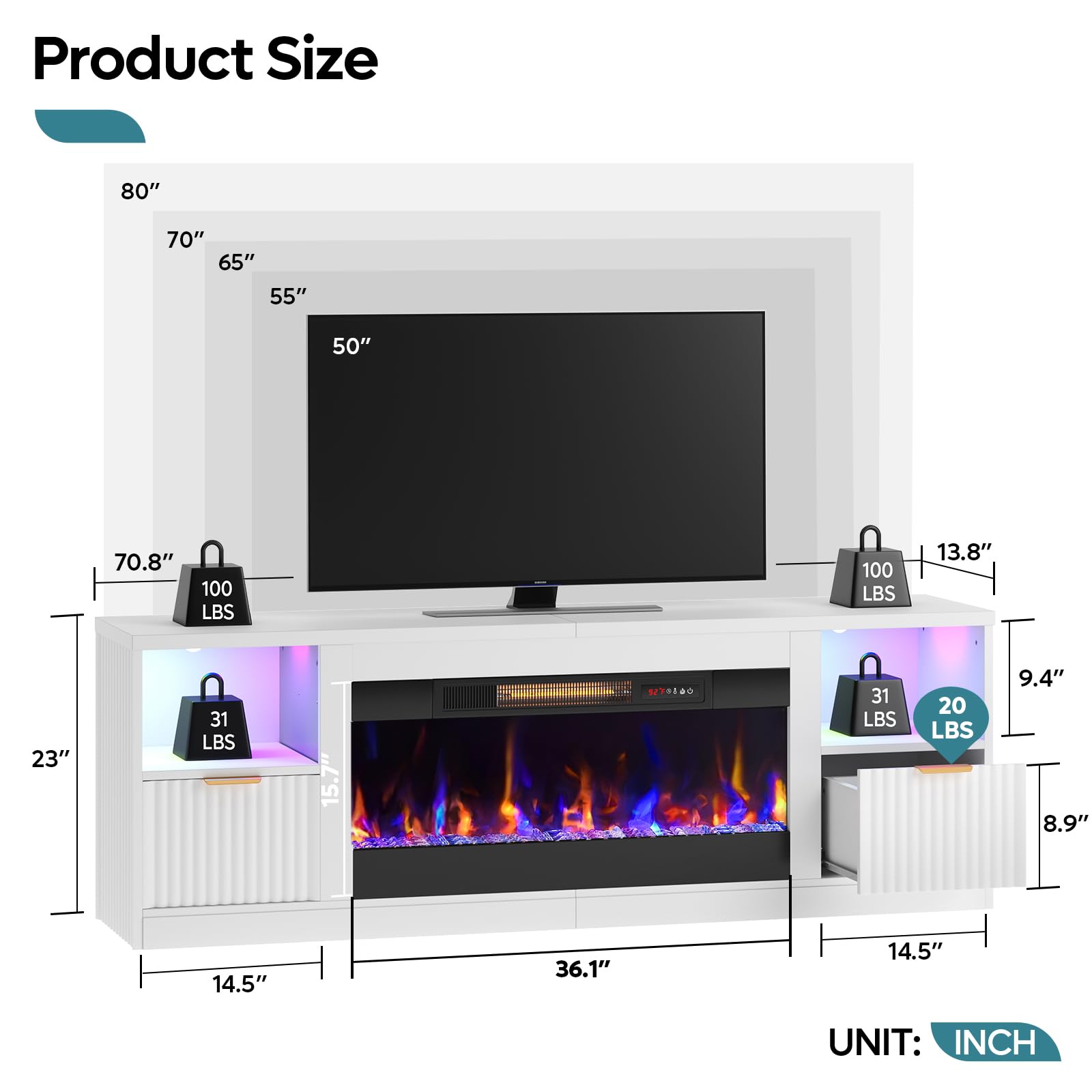 70" LED Fireplace TV Stand with Electric Fireplace