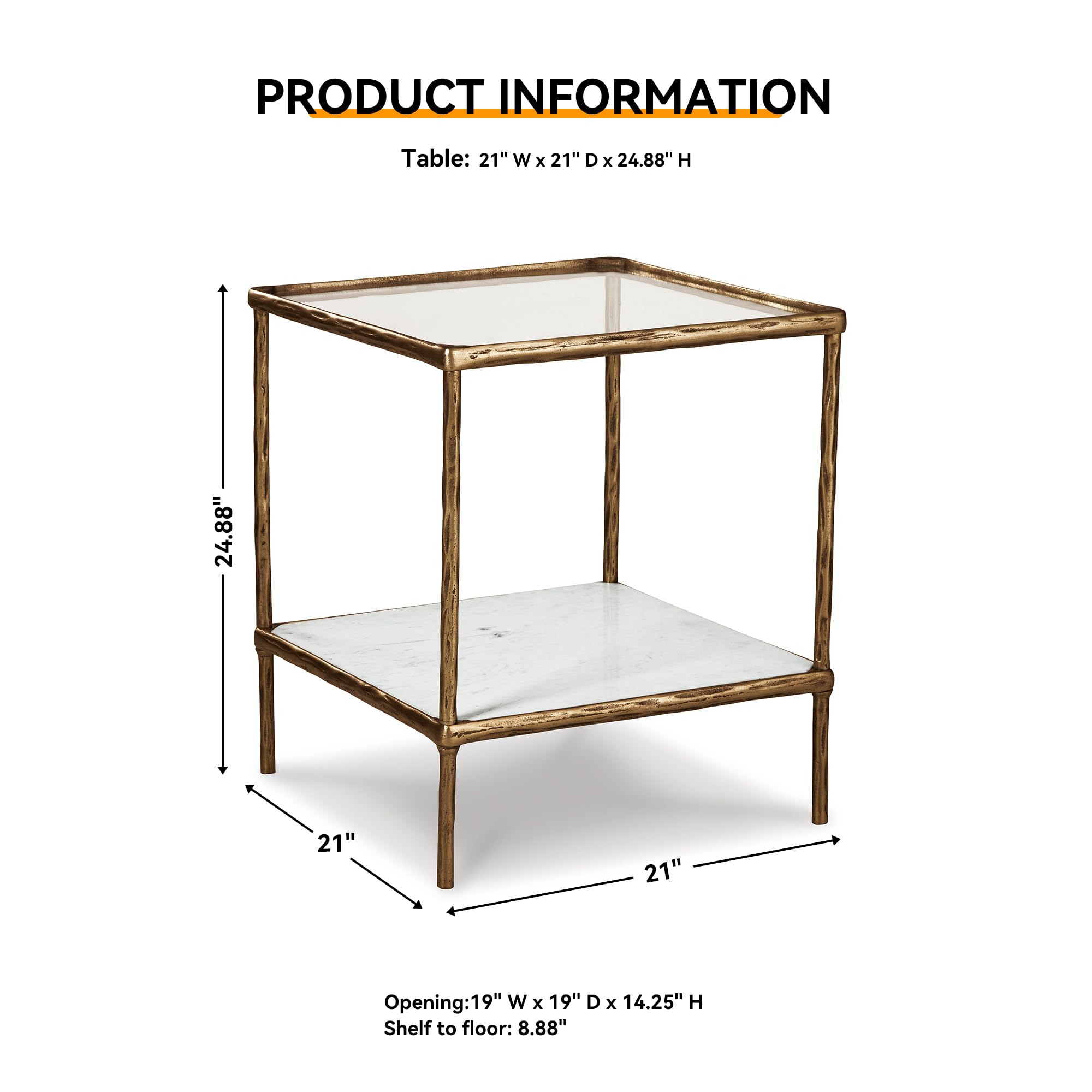 Signature Design by Ashley Ryandale | Contemporary Accent Table – Glass Top, Aluminum Frame & Marble Shelf, Antique Brass Finish