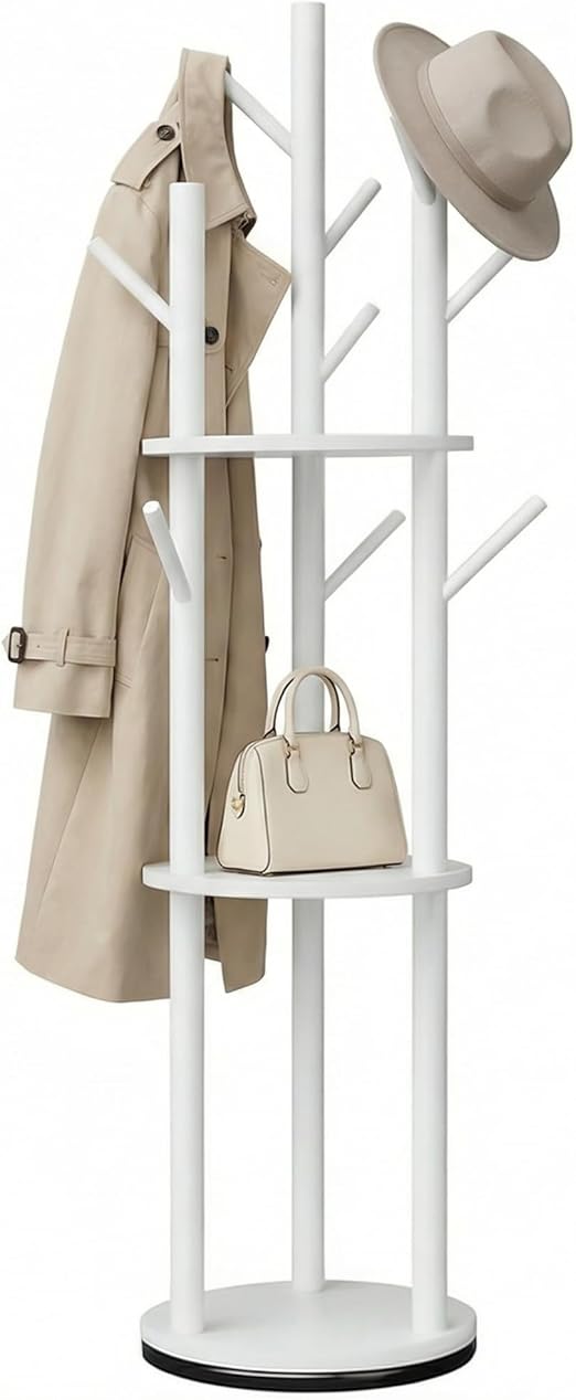 Rotating Solid Wood Coat Rack with Shelves