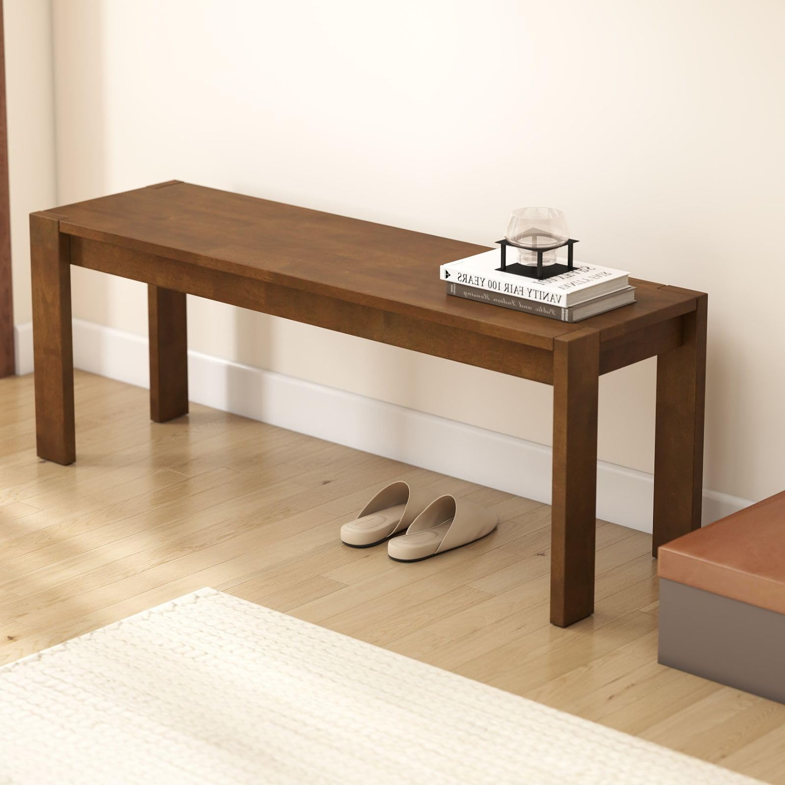 Solid Wood Dining Bench 47.25" Walnut Farmhouse Entryway Bench