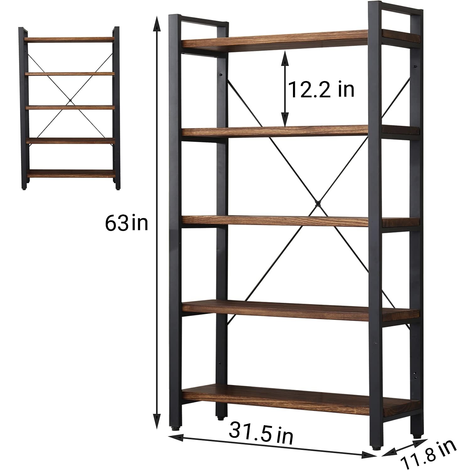 5 Tier Bookcase Solid Wood Rustic Industrial Etagere