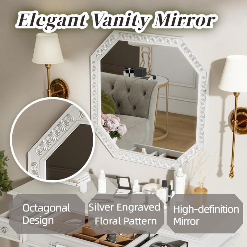 Retro Makeup Vanity Desk with Wall-Mounted Mirror & 3 Drawers