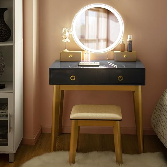 Navy Blue Vanity Desk with 3-Color Lighted Mirror and 4 Drawers
