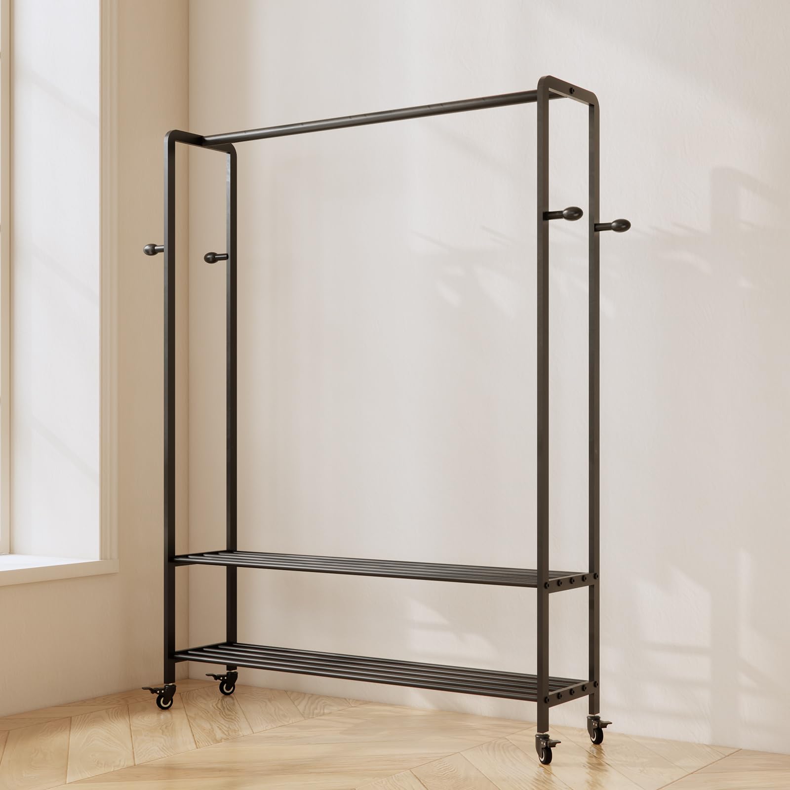 Rolling Garment Rack with Shelves and Hooks