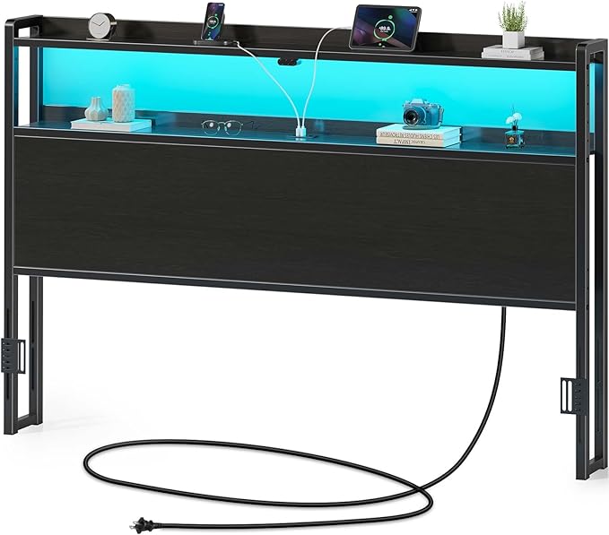 Queen Size Upholstered Headboard with LED Lights and USB Charging