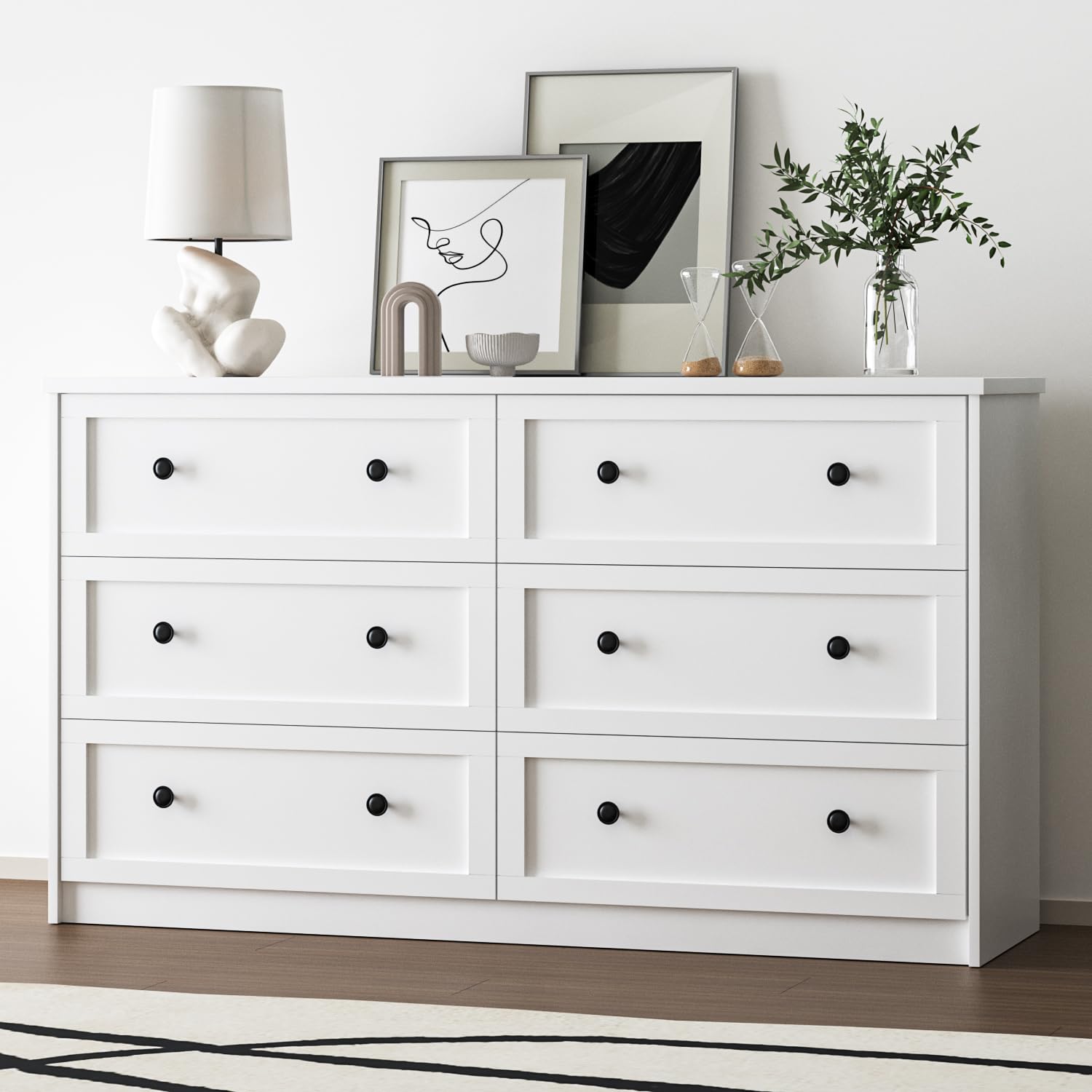 55" Modern 6 Drawer Double Dresser with Black Knobs