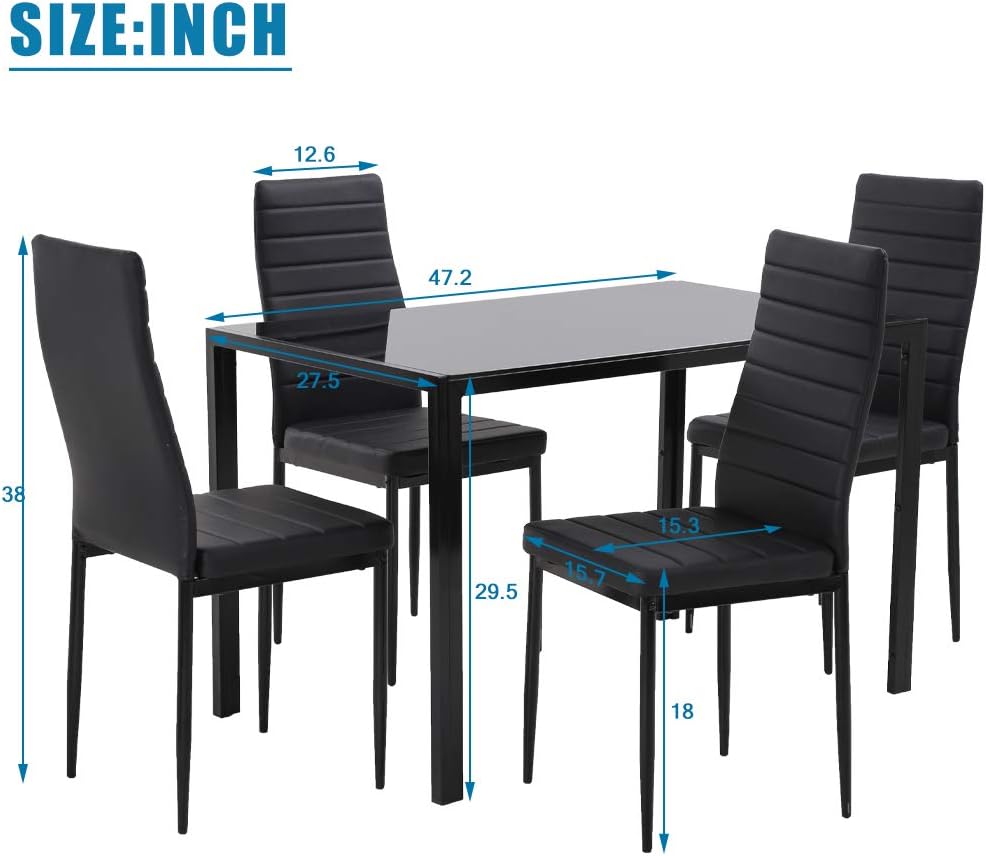 5-Piece Dining Table Set with Glass Top and Upholstered Chairs