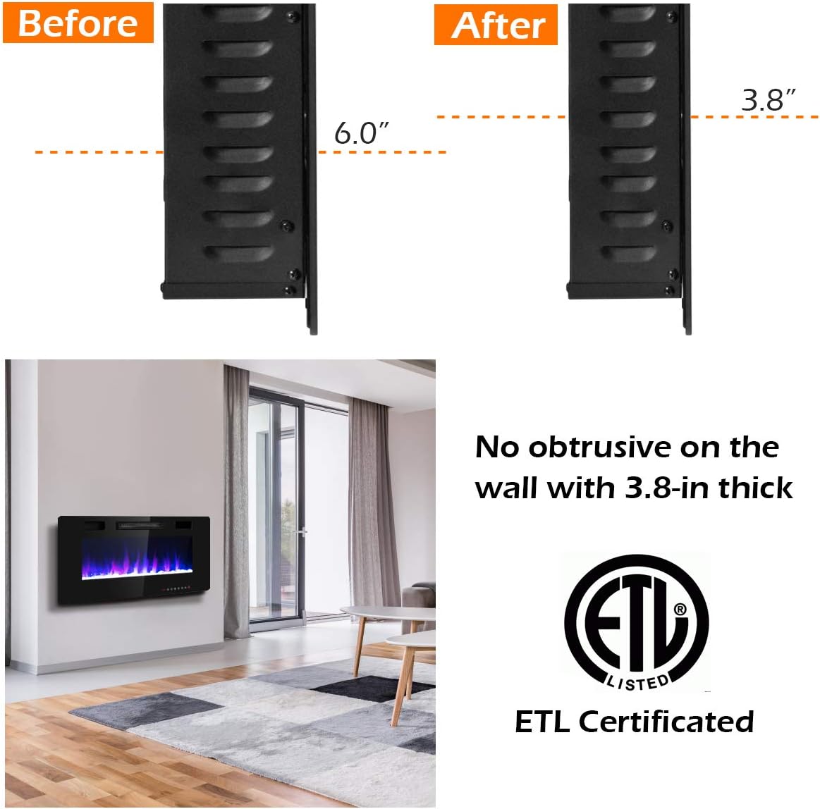 42 Inch Recessed Electric Fireplace Wall Mounted Heater