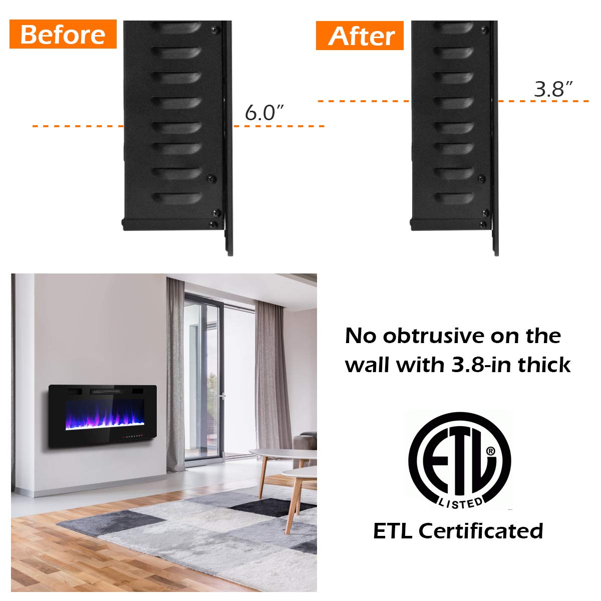 42 Inch Recessed Electric Fireplace Wall Mounted Heater