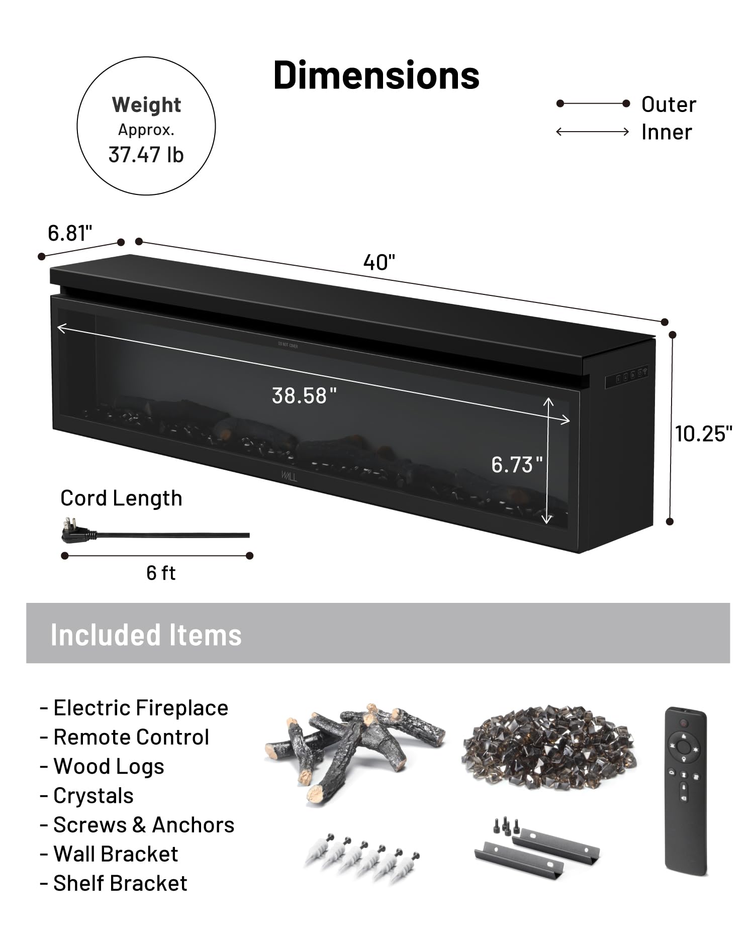 40" Electric Fireplace Wall Mount with WiFi Control