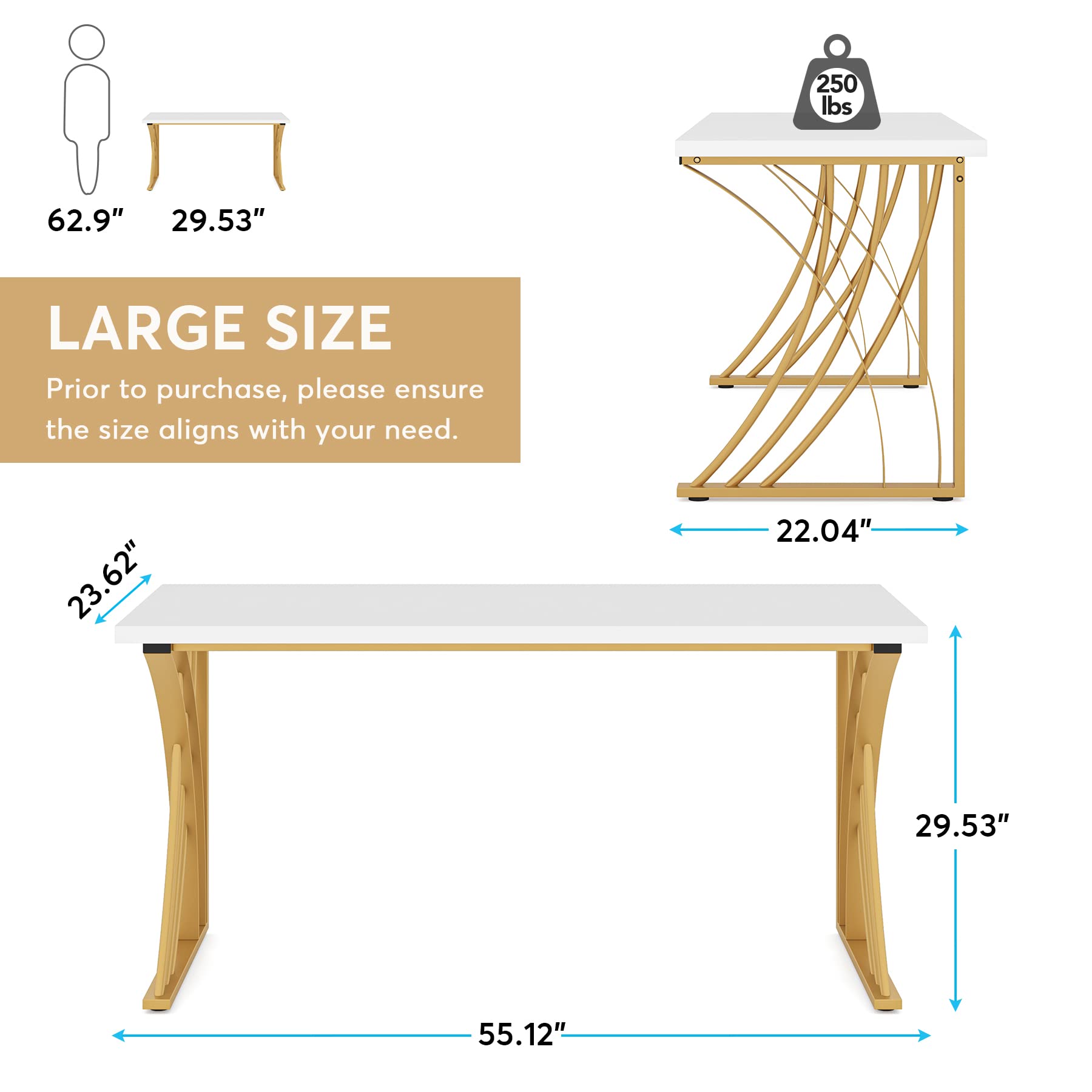 55" Modern Computer Desk White & Gold