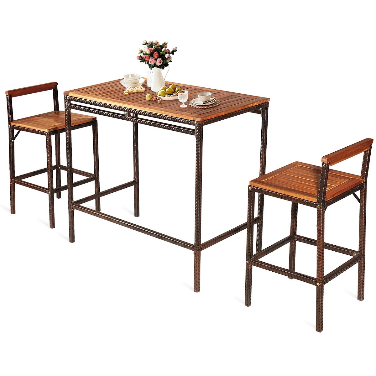 3-Piece Outdoor Rattan Bar Set with Acacia Wood