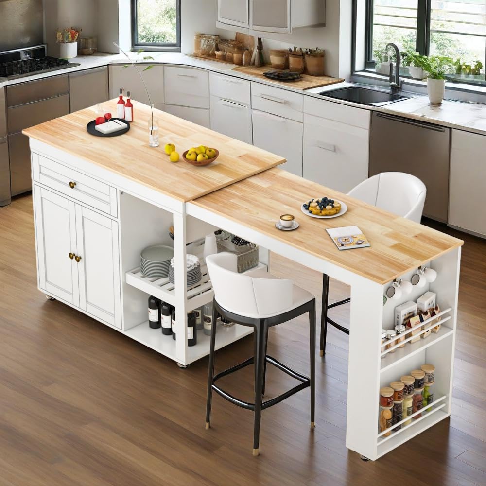 81.5" Kitchen Island with Extendable Dining Table on Wheels
