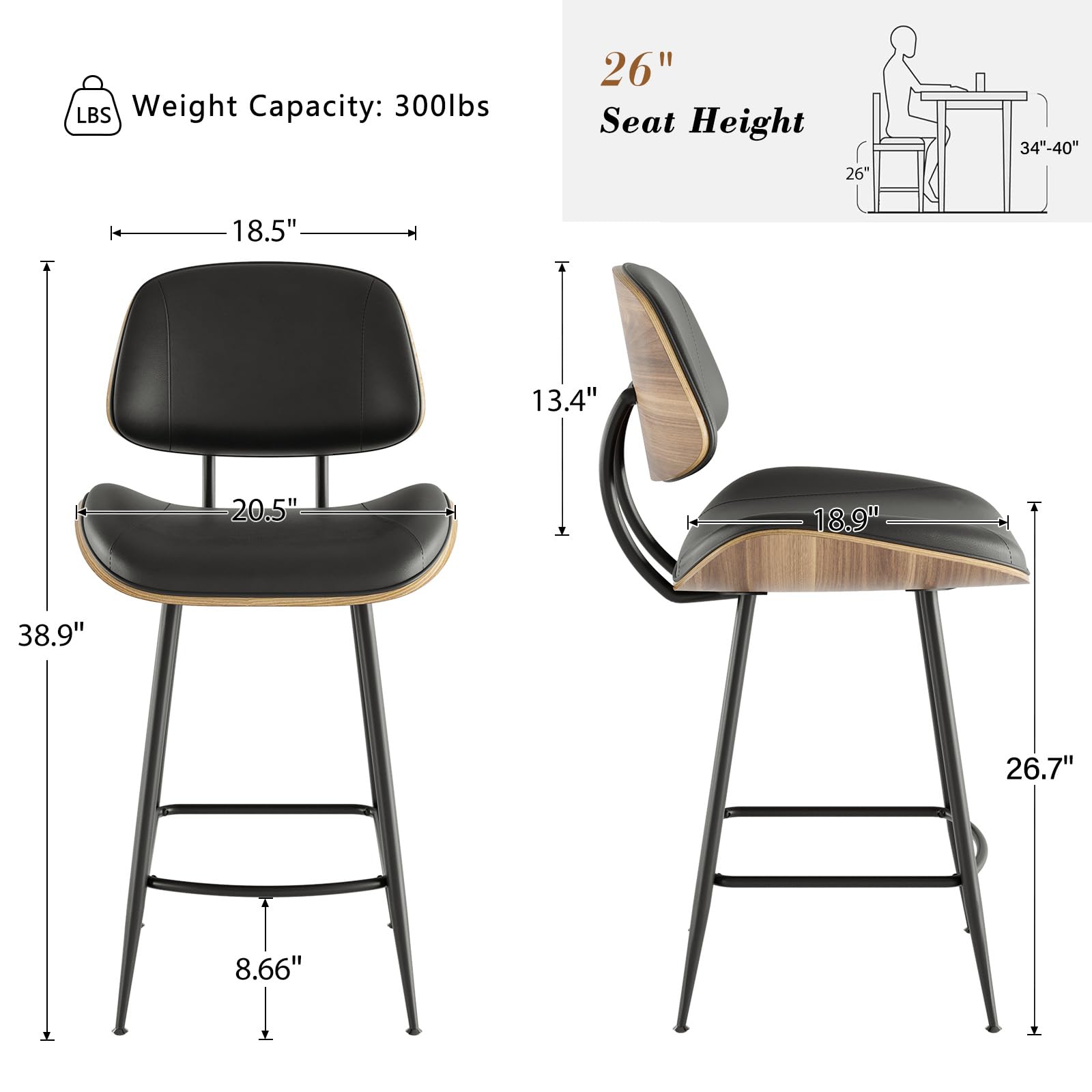 Mid Century Modern Barstool Set of 2 - PU Leather Counter Height Stools with Walnut Bentwood Back