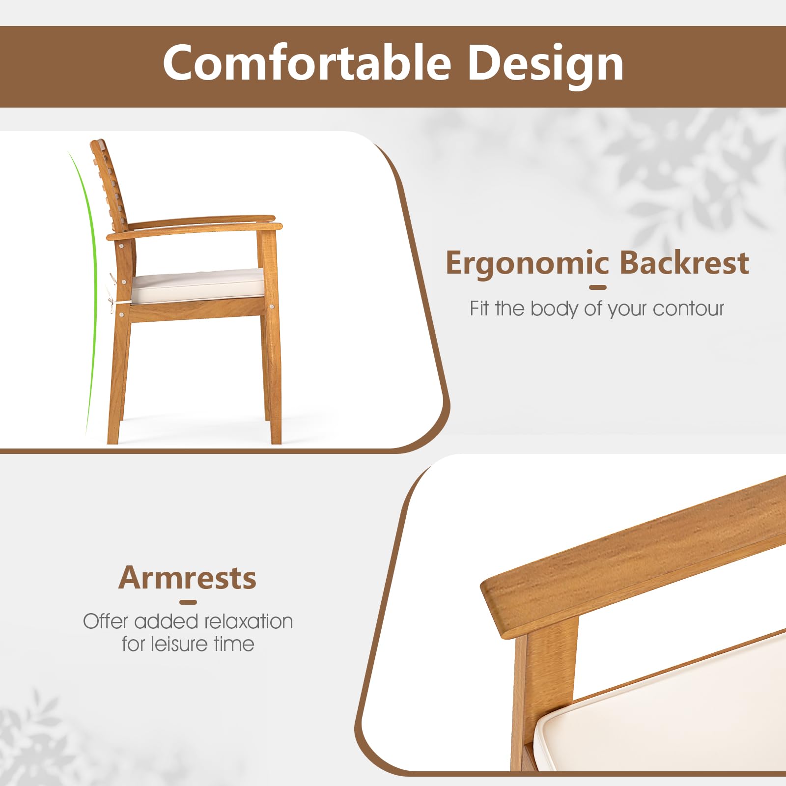 6-Piece Outdoor Acacia Wood Dining Set with Cushioned Chairs and Bench