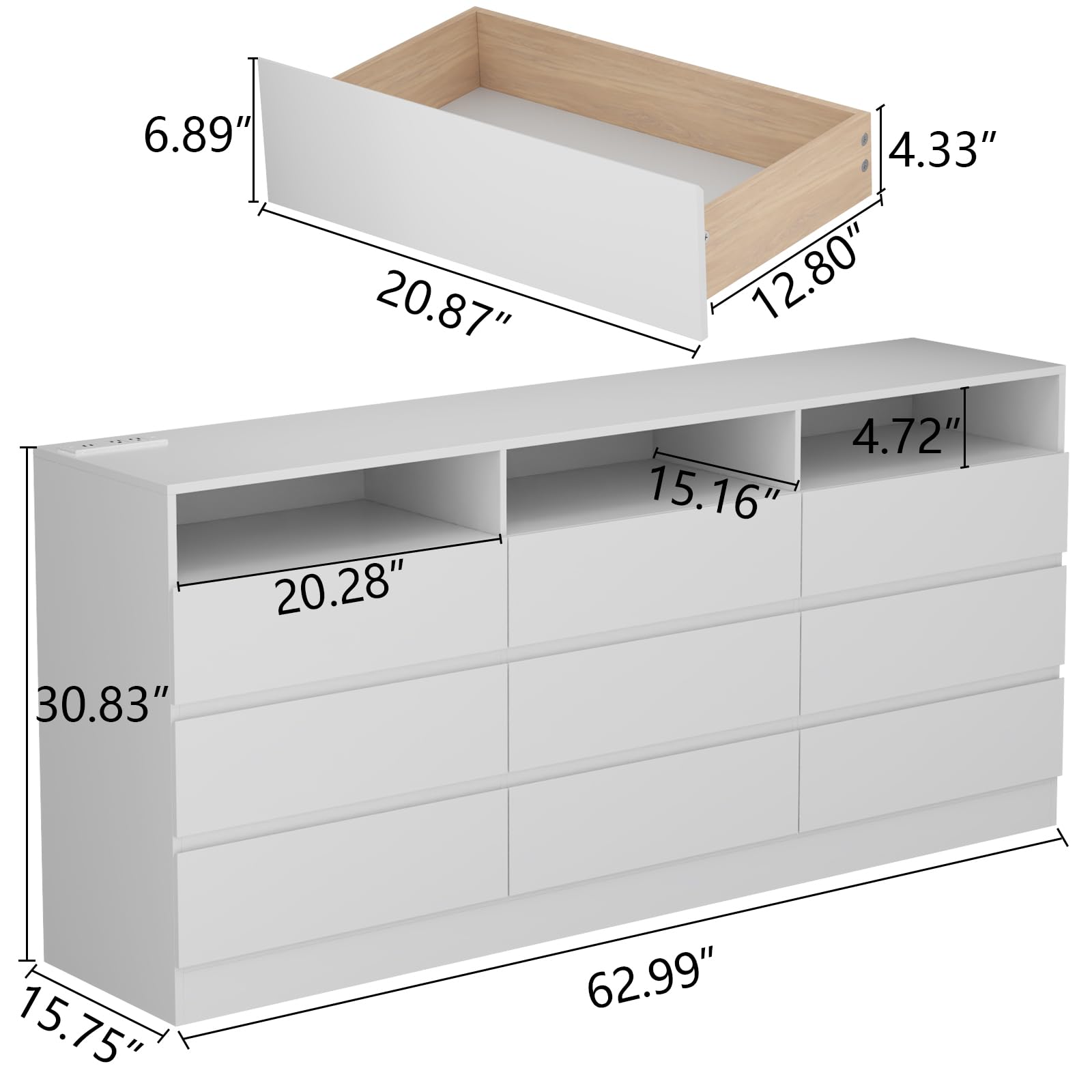 9 Drawer Dresser with Power Outlet and LED Light Strip