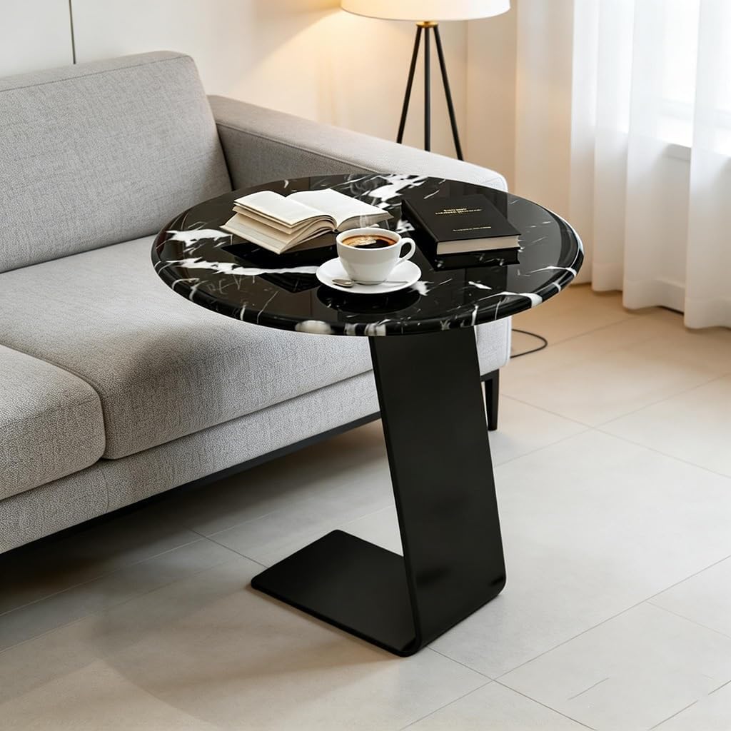 C-Shaped End Table with Metal Base