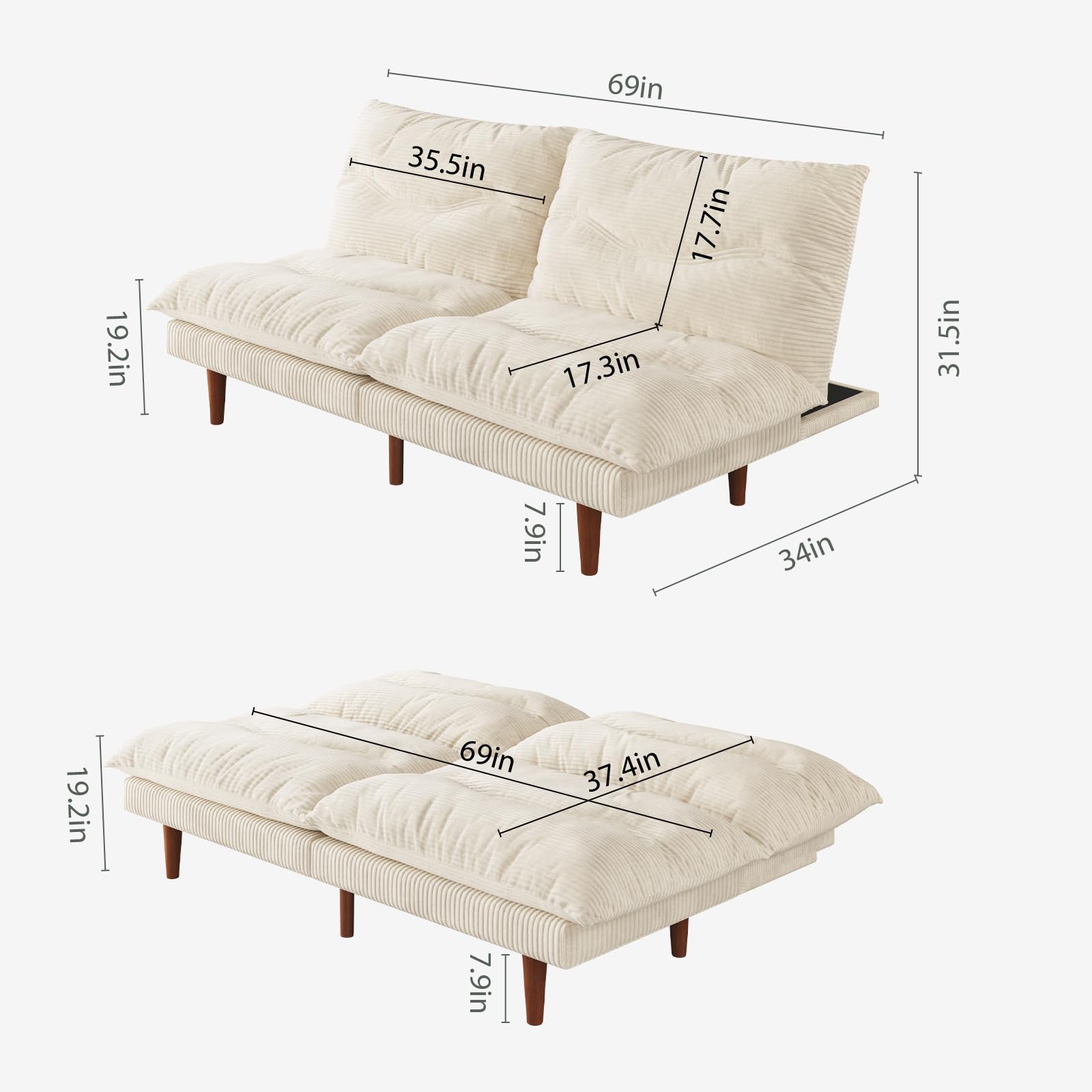 69 Inch Futon Sofa Bed with Adjustable Backrest