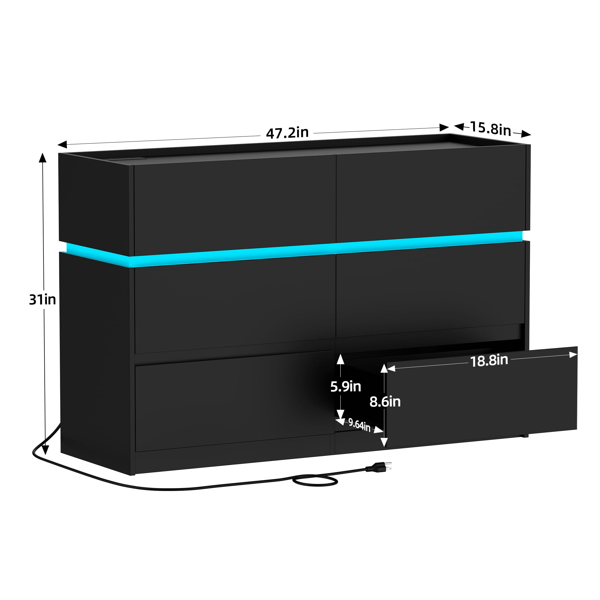 6 Drawer Dresser with Charging Station and LED Lights