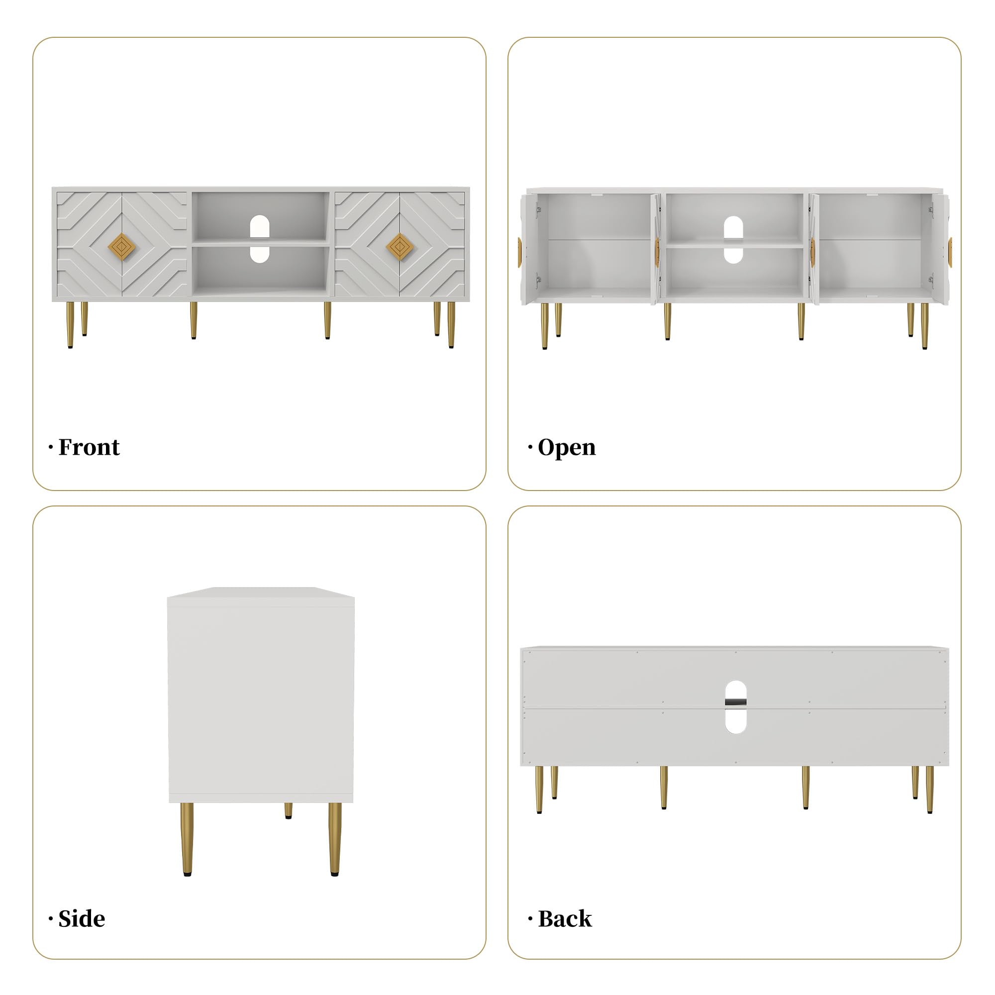 63'' White TV Stand with Storage Cabinets and Embossed Doors