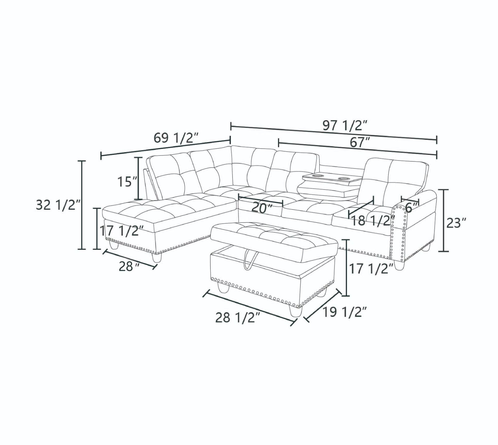 L-Shaped Sectional Sofa with Cup Holder