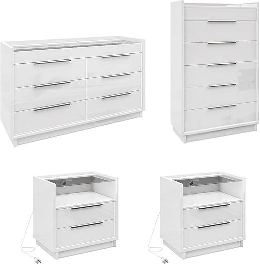 4 Piece Bedroom Furniture Set with Charging Station and LED Light